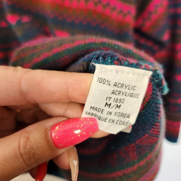 Vintage Oversized Pink Blue Fair Isle Crew Neck Sweater 90s 1990s Ski Preppy M - Picture 7 of 9